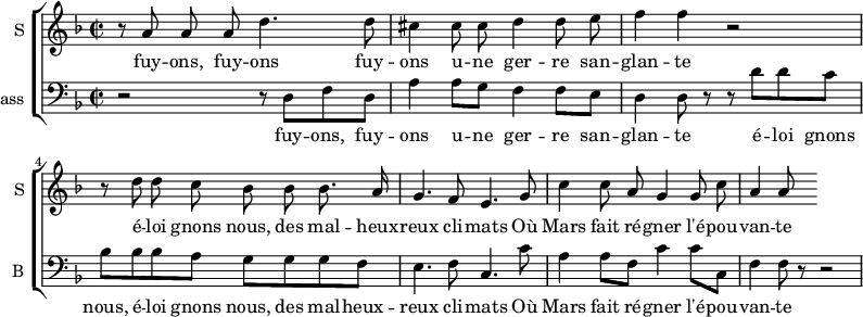 \new ChoirStaff {
<<
\new Staff \with {
midiInstrument = #"violin"
instrumentName = #"S "
shortInstrumentName = #"S "
} {
\relative c'' {
\time 2/2 \key f \major
\autoBeamOff
r8 a a a d4. d8
cis4 cis8 cis d4 d8 e
f4 f r2
r8 d d c bes bes bes8. a16
g4. f8 e4. g8
c4 c8 a g4 g8 c8
a4 a8
} }
\addlyrics {
fuy -- ons, fuy -- ons
fuy -- ons u -- ne ger -- re san -- glan -- te
é -- loi gnons nous, des mal -- heux -- reux cli -- mats
Où Mars fait ré -- gner l'é -- pou -- van -- te
}
\new Staff \with {
midiInstrument = "cello"
shortInstrumentName = #"B "
instrumentName = #"Bass "
} {
\clef bass \relative c {
\time 2/2 \key f \major
r2 r8 d8 f8 d8
a'4 a8 g8 f4 f8 e8
d4 d8 r r d' d c
bes8 bes bes a g g g f
e4. f8 c4. c'8
a4 a8 f c'4 c8 c,
f4 f8 r8 r2
} }
\addlyrics {
fuy -- ons, fuy -- ons u -- ne ger -- re san -- glan -- te
é -- loi gnons nous, é -- loi gnons nous, des mal -- heux -- reux cli -- mats
Où Mars fait ré -- gner l'é -- pou -- van -- te
}
>>
}