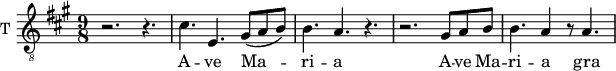 
\new Staff \with {
  midiInstrument = "trumpet"
  shortInstrumentName = #"T "
  instrumentName = #"T "
  } {
  \relative c' {  
   \clef "treble_8"
   \time 9/8 \key a \major 
        r2. r4.
        cis4. e,4. gis8 (a b)
        b4. a4. r4.
        r2. gis8 a b
        b4. a4 r8 a4.
  }  }
 \addlyrics { 
             A -- ve Ma -- ri -- a 
             A -- ve Ma -- ri -- a 
            gra -- ti -- a ple -- na
              do -- mi -- nus te -- cum
               be -- ne dic ta tu in mu -- li -- e -- ri -- bus
              et be -- ne -- dic -- tus fruc -- tus ven -- tris tu -- i Je -- sus
              Sanc -- ta Ma -- ri -- a
              o -- ra pro no -- bis
              ninc et in ho -- ra mor -- tis nos -- trae  A -- men a -- men a -- men
            }
