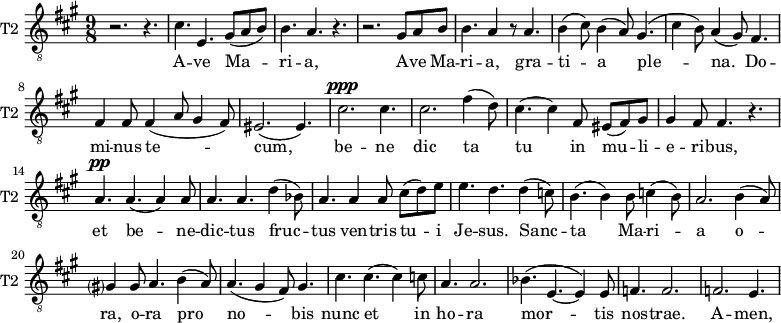 \new Staff \with {
midiInstrument = "violin"
shortInstrumentName = #"T2 "
instrumentName = #"T2 "
} {
\relative c' {
\clef "treble_8"
\time 9/8 \key a \major
r2. r4.
cis4. e,4. gis8 (a b)
b4. a4. r4.
r2. gis8 a b
b4. a4 r8 a4.
b4 (cis8) b4 (a8) gis4.
( cis4 b8) a4 (gis8) fis4.
fis4 fis8 fis4 (a8 gis4 fis8)
eis2. ( eis4. )
cis'2. ^\ppp cis4.
cis2. fis4 (d8)
cis4. (cis4) fis,8 eis (fis) gis
gis4 fis8 fis4. r4.
a4. ^\pp a4. (a4) a8
a4. a4. d4 (bes8)
a4. a4 a8 cis8 (d) e
e4. d4. d4 (c8)
b4. (b4) b8 c4 (b8)
a2. b4 (a8)
gis?4 gis8 a4. b4 (a8)
a4. ( gis4 fis8) gis4.
cis4. cis4. (cis4) c8
a4. a2.
bes4. (e,4.~ e4) e8
f4. f2.
f2. e4.
} }
\addlyrics {
A -- ve Ma -- ri -- a,
A -- ve Ma -- ri -- a, gra -- ti -- a ple -- na.
Do -- mi -- nus te -- cum,
be -- ne dic ta tu in mu -- li -- e -- ri -- bus,
et be -- ne -- dic -- tus fruc -- tus ven -- tris tu -- i Je -- sus.
Sanc -- ta Ma -- ri -- a
o -- ra, o -- ra pro no -- bis
nunc et in ho -- ra mor -- tis nos -- trae. A -- men, a -- men, a -- men
}