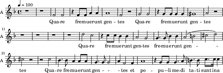 
<<
\new Staff \with {
  midiInstrument = "clarinet"
  instrumentName = #"A "
  shortInstrumentName = #"A "
  } {
  \relative c' {  
   \time 4/4 \key f \major 
  \tempo 4 = 100
 \set Staff.midiMinimumVolume = #0.5
        \set Staff.midiMaximumVolume = #0.9
        r1 r
        f2 f2
        r4 f8 f a4 a
        a1
        f2 r
        g2 g
        r4 g8 g g4 g
        gis1
        a2 r2
        r1 r r r
        d2 c
        r4 c8 c bes4 bes
        a2 g2
        g4. g8 bes4 bes
        a2 ( b cis d )
        cis2 r

    r2 c
    bes4. bes8 a4 a8 a8
    g4. g8 g2
    a4 f2 f4 a1
    r4 g8 g g4. a8
    b4. b8 c8. c16 c4 
         
  }  }
 \addlyrics { 
              Qua -- re fre --  mu -- e -- runt gen -- tes
             Qua -- re fre --  mu -- e -- runt gen -- tes
             Qua -- re fre --  mu -- e -- runt gen -- tes
             fre --  mu -- e -- runt gen -- tes
             Qua -- re fre --  mu -- e -- runt gen - - - tes
             et po -- pu --li me -- di  ta -- ti sunt in -- a -- ni -- a
             Qua -- re fre --  mu -- e -- runt gen -- tes
             et po -- pu --li me -- di  ta -- ti sunt in -- a -- ni -- a
               Qua -- re     Qua -- re 
            }

>>
