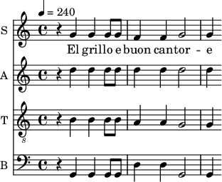 
<<
\new Staff \with {
  midiInstrument = #"Flute"
  instrumentName = #"S "
  shortInstrumentName = #"S "
  } {
  \relative c'' {  
 \tempo 4 = 240
    r4 g4 |
    g g8 g f4 f |
    g2 g4 
  }  }
 \addlyrics { 
              
    El gril -- lo e buon can -- tor -- e 
            }

\new Staff \with {
  midiInstrument = #"violin"
  instrumentName = #"A "
  shortInstrumentName = #"A "
  } {
  \relative c' {  
 \tempo 4 = 240
   r4 d'4|
    d d8 d d4 d |
    d2 d4 

  }  }

\new Staff \with {
  midiInstrument = #"violin"
  instrumentName = #"T "
  shortInstrumentName = #"T "
  } {
  \relative c' {  
 \tempo 4 = 240
  \clef "G_8"
   r4 b4 |
    b b8 b a4 a |
    g2 g4 
  }  }
 

\new Staff \with {
  midiInstrument = #"cello"
  instrumentName = #"B "
  shortInstrumentName = #"B "
  } {
  \relative c {  
 \tempo 4 = 240
  \clef "F"
    r4 g4 |
    g g8 g d'4 d |
    g,2 g4 
  }  }
 
>>
