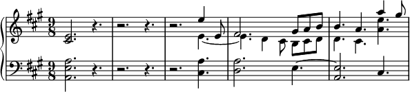 
<<
  \new PianoStaff <<
     \new Staff  \with {
  midiInstrument = "church organ"
  }  \relative c' {
       \key a \major  \time 9/8
       <cis e>2. r4.
          r2. r4.
          r2. << { e'4 e,8 fis2. gis8 a b b4. a4. a'4 gis8}  
              \\ { e,4.~ e4. d4 cis8 b cis d d4. cis4. <a' e'>4.} >>
         
     }
     \new Staff \with {
  midiInstrument = "church organ"
  } \relative c {
        \clef bass
       \key a \major  \time 9/8 
          <a e' a>2. r4.
          r2. r4.
          r2. <cis a'>4.
          <d a'>2. e4.~ 
          <a, e'>2. cis4.
     }
 >>
>>
