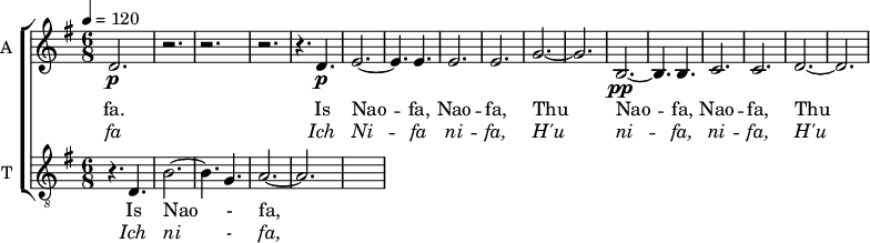 
<<
\new ChoirStaff <<

\new Staff \with {
  midiInstrument = "violin"
  shortInstrumentName = #"A "
  instrumentName = #"A "
  } {
  \relative c' { 
   \time 6/8 \key g \major 
        d2.\p
        r2.  r r 
        r4.  d\p
        e2.~
        e4. e
        e2.
        e2.
        g2.~
        g2.
        b,2.~\pp
        b4. b
        c2.
        c2.
        d2.~
        d2.

  }  }
 \addlyrics { 
              fa.
               Is
              Nao --
              fa,
              Nao --
              fa,
              Thu
              Nao --
              fa,
              Nao --
              fa,
              Thu

            }
\addlyrics {  \override LyricText.font-shape = #'italic
              fa
              Ich
              Ni -- fa
             ni --
              fa,
              H'u
              ni --
              fa,
              ni --
              fa,
              H'u

            }

\new Staff \with {
  midiInstrument = "trumpet"
  shortInstrumentName = #"T "
  instrumentName = #"T "
  } {
  \relative c { 
   \clef "treble_8"
   \set Staff.midiMaximumVolume = #0.9
         \time 6/8 \key g \major 
        \tempo 4 = 120
             r4.  d
             b'2.~
             b4. g
             a2.~ 
             a2.


         
 } 
}
 \addlyrics { 
               Is
              Nao -
              fa,
              Nao --
              fa,
              Nao --
              fa,
              Thu
              Is
              Nao --
              fa,
              Nao --
              fa,
              Thu
              
}
 \addlyrics { \override LyricText.font-shape = #'italic

              Ich
              ni -
              fa,
              ni --
              fa,
              ni --
              fa,
              H'u
              Ich
              ni --
              fa,
              ni --
              fa,
              H'u

}
>>
>>
