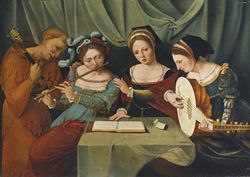 Master of the Female Half-lengths, Three Young Women Making Music with a Jester.jpg