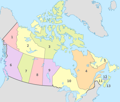 Canada, administrative divisions - Nmbrs - colored.svg