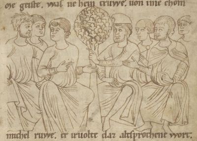 Ganelon s'entretient avec les païens sous un olivier.  (dessin extrait du manuscrit de Konrad)