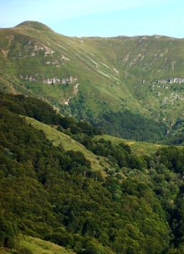 Vu depuis Saint-Jacques-des-Blats, le Plomb du Cantal et le “pommeau” arrondi de son sommet.