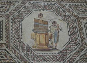 Organist and horn player, the gladiator mosaic at the Roman villa in Nennig, Germany (9291661708).jpg